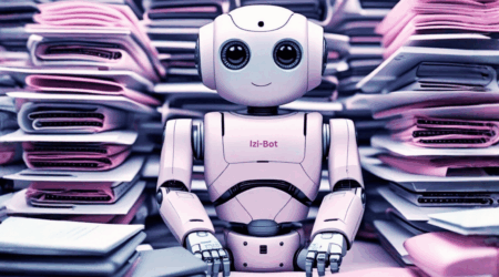 Header KI Webinar: Robot am Schreibtisch, umgeben von einem Haufen Dokumente