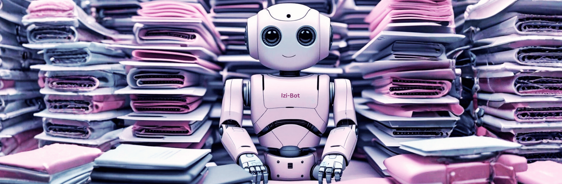 Header KI Webinar: Robot am Schreibtisch, umgeben von einem Haufen Dokumente